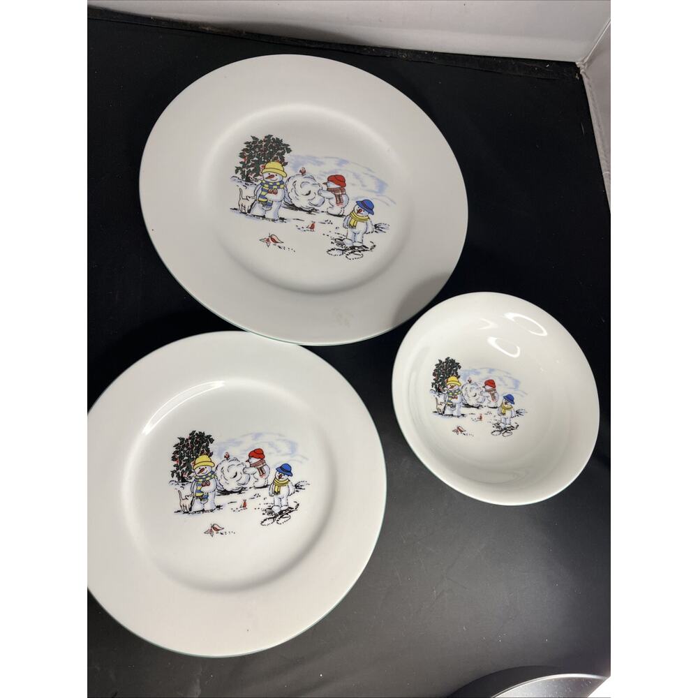 Global Design Porcelain Snowman Christmas 4 Salad Plate, &  4 Bowl Cute